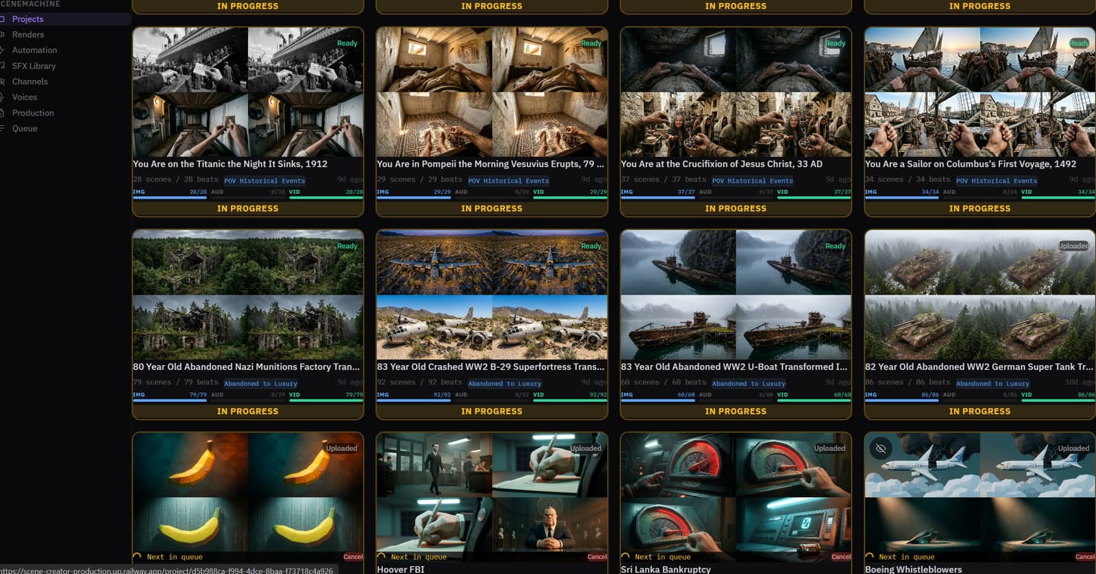 Project queue — dozens of automated videos rendering